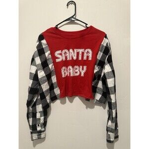 Reworked Upcycle Grunge Oversize Crop Santa Baby ChristmasFlannel Sweater M/L